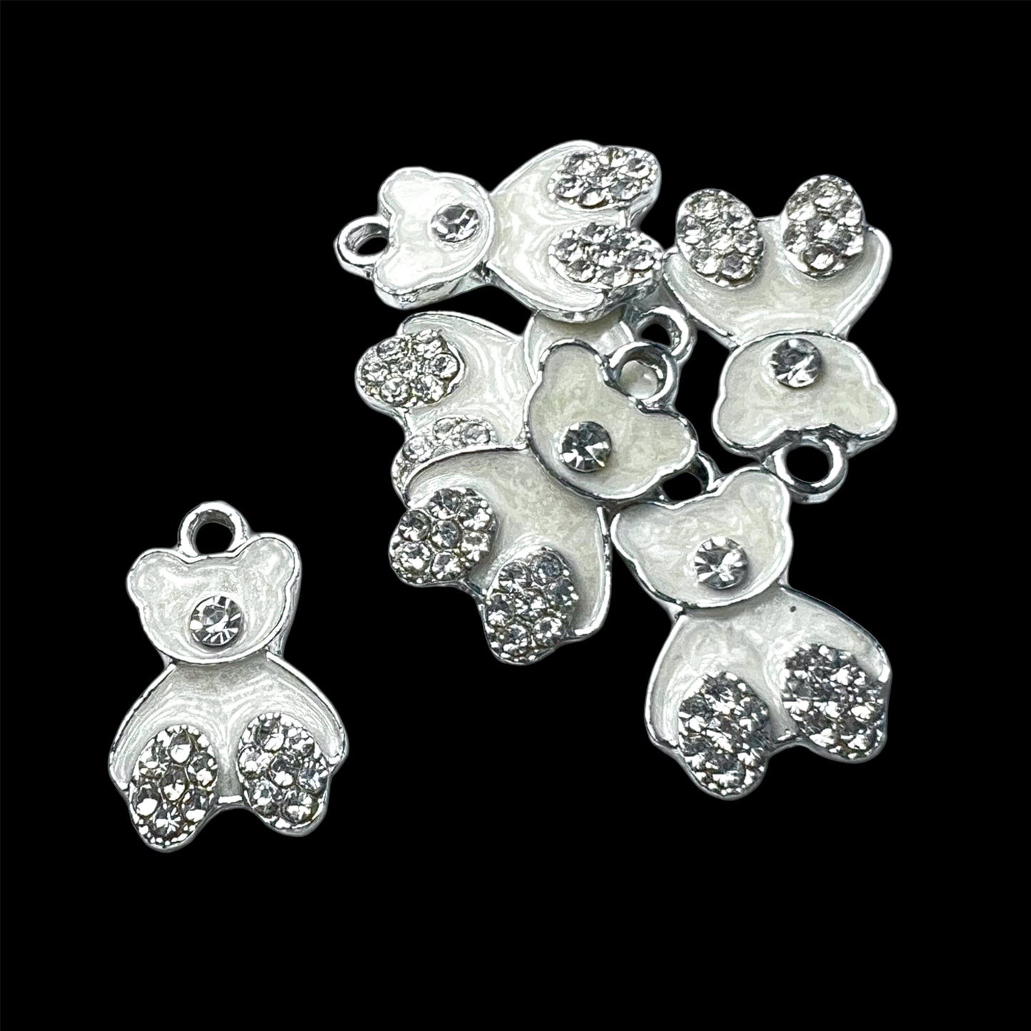 Silver Teddy Bear Cream Opal Rhinestone Charm