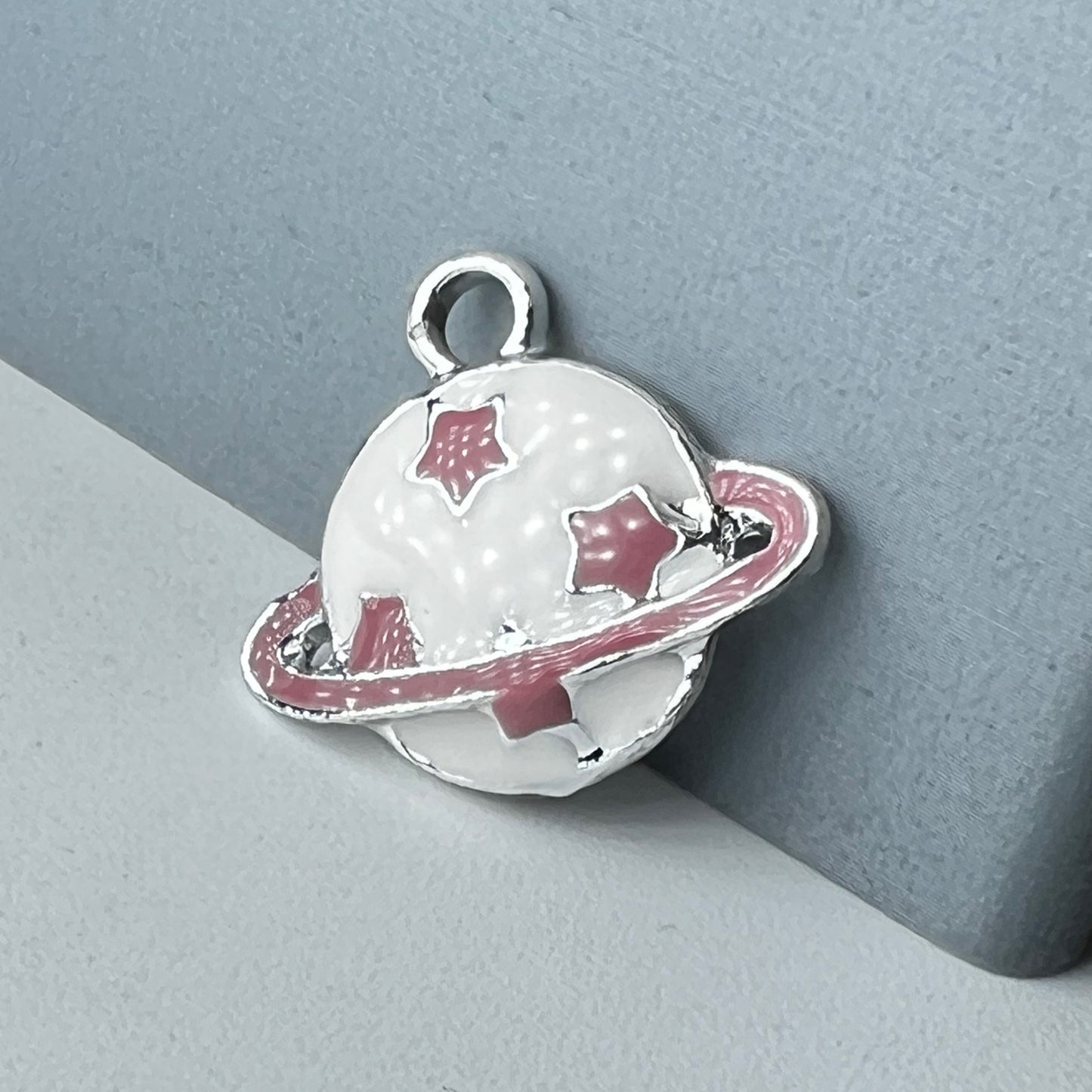 Silver; Pink and White Saturn Charm