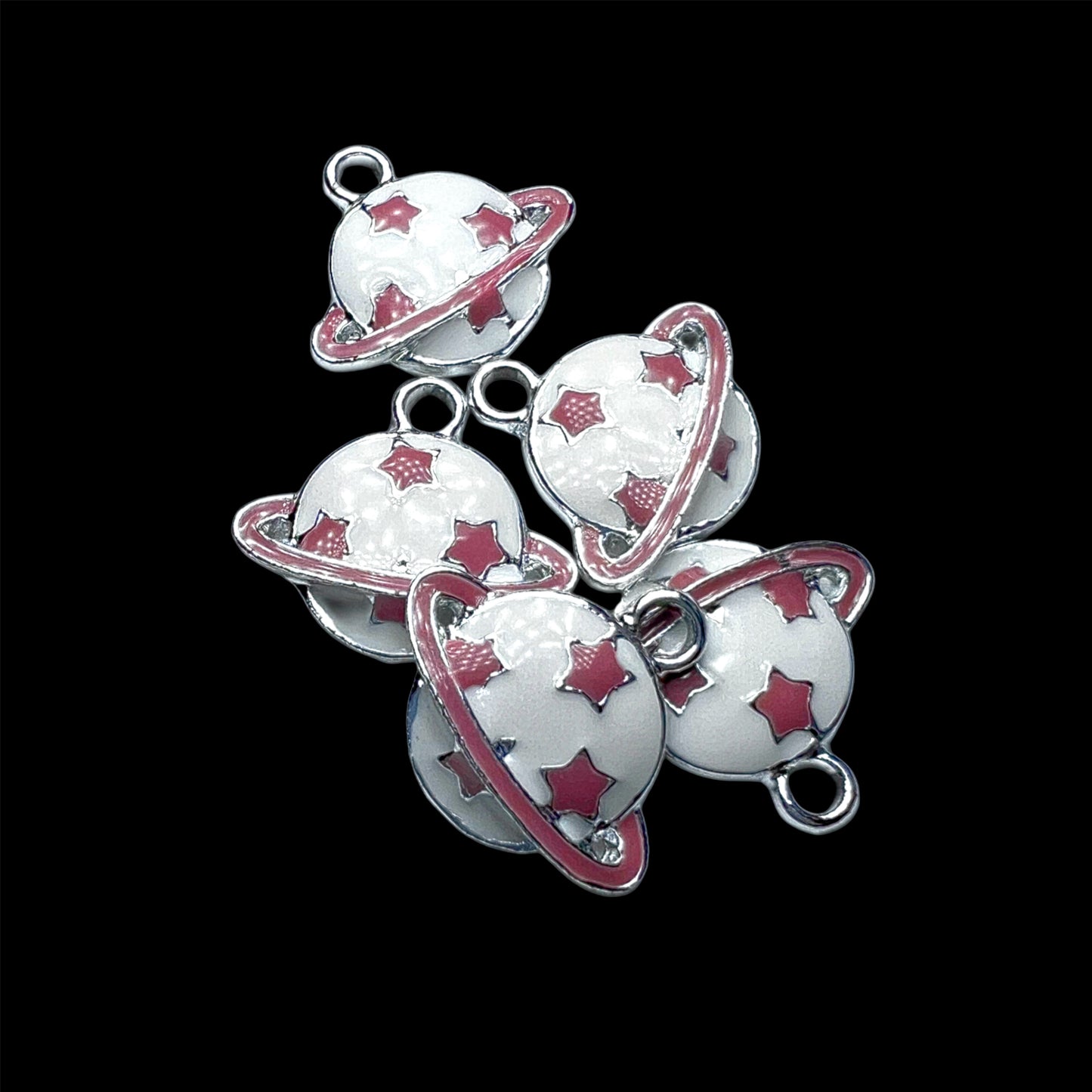 Silver; Pink and White Saturn Charm