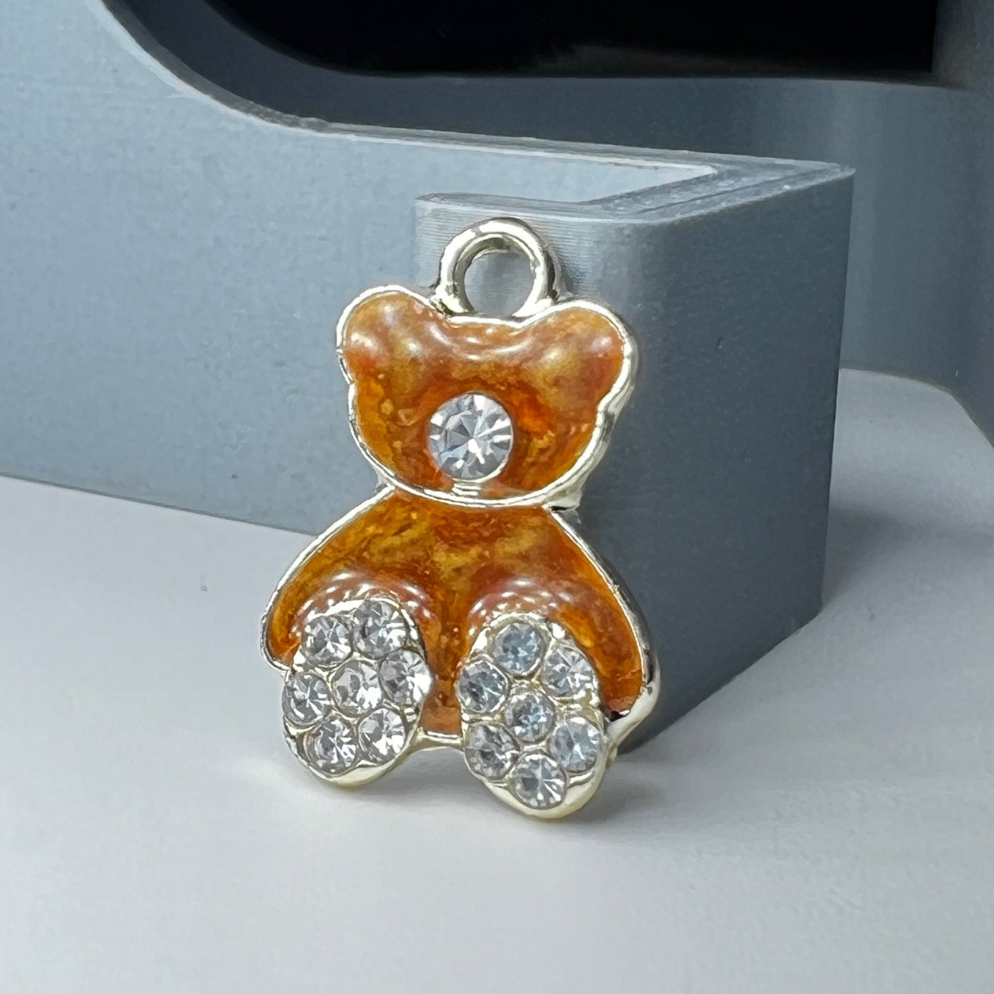 Silver Teddy Bear Cream Brown Opal Rhinestone Charm