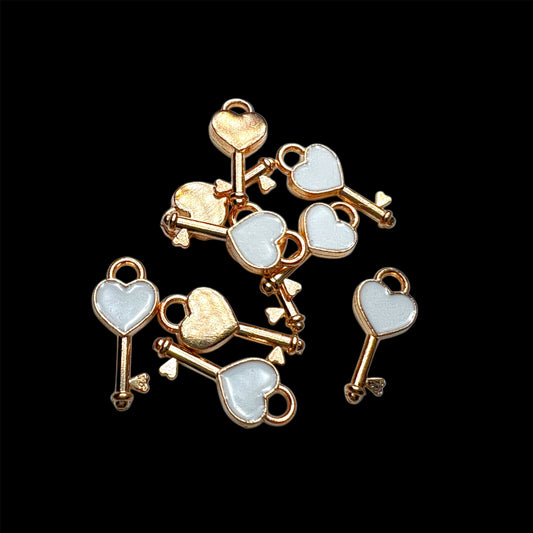 Gold White Heart Key Charm