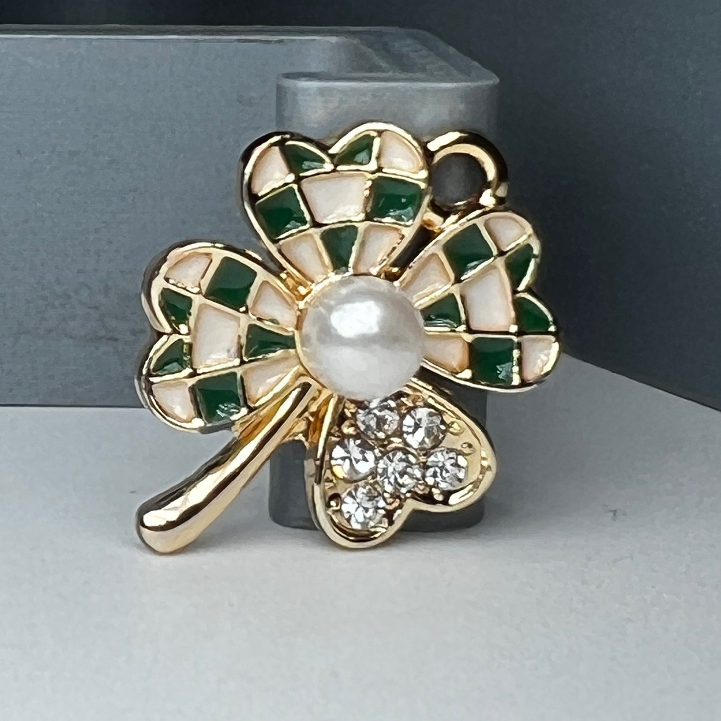 Gold Lucky Checkered Clover; Cream and Dark Green with Clear Rhinestones and Pearl