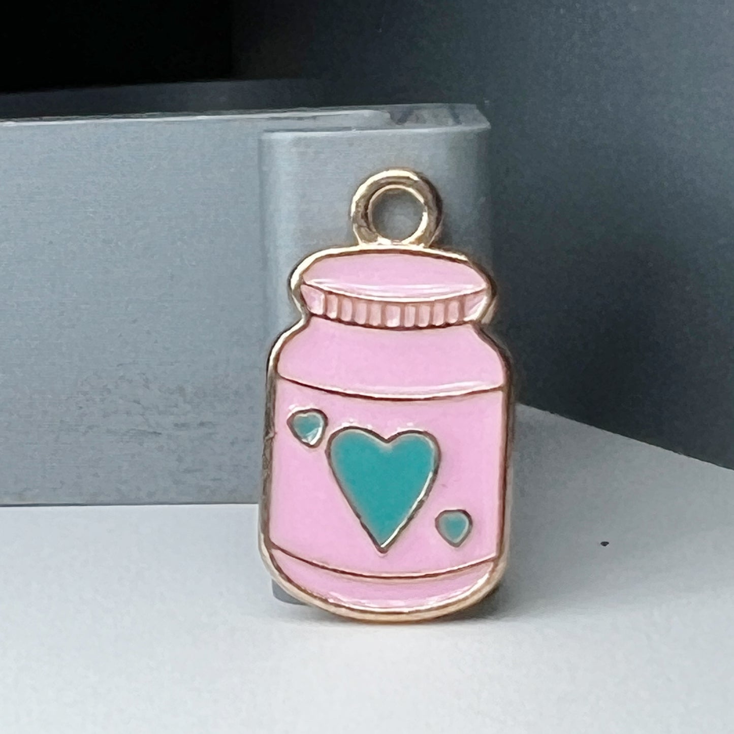 Gold Medicine Bottle Pink with Teal Heart
