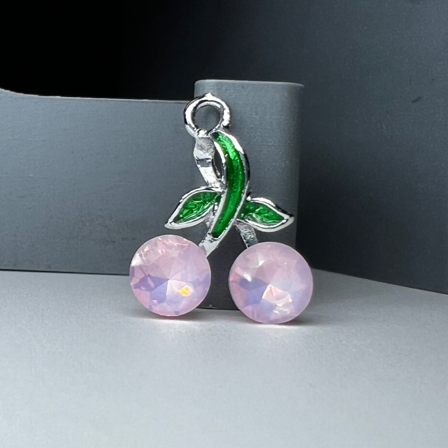 Silver Pink Rhinestone Cherry Charm
