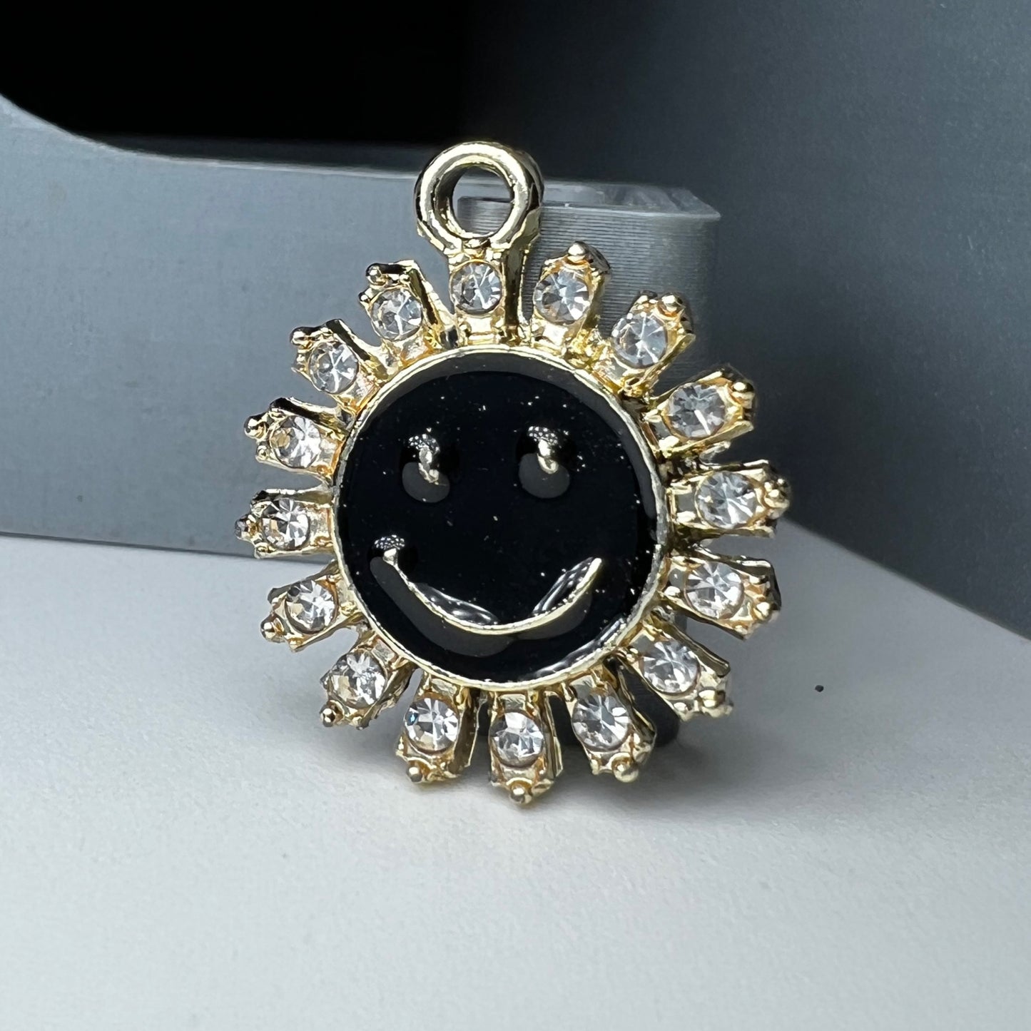 Gold Smiley; Black Sun Rhinestone Charm