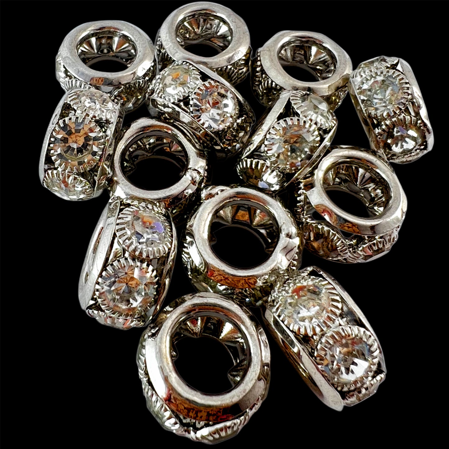 Wide Hole Silver Clear Rhinestone Spacer Bead