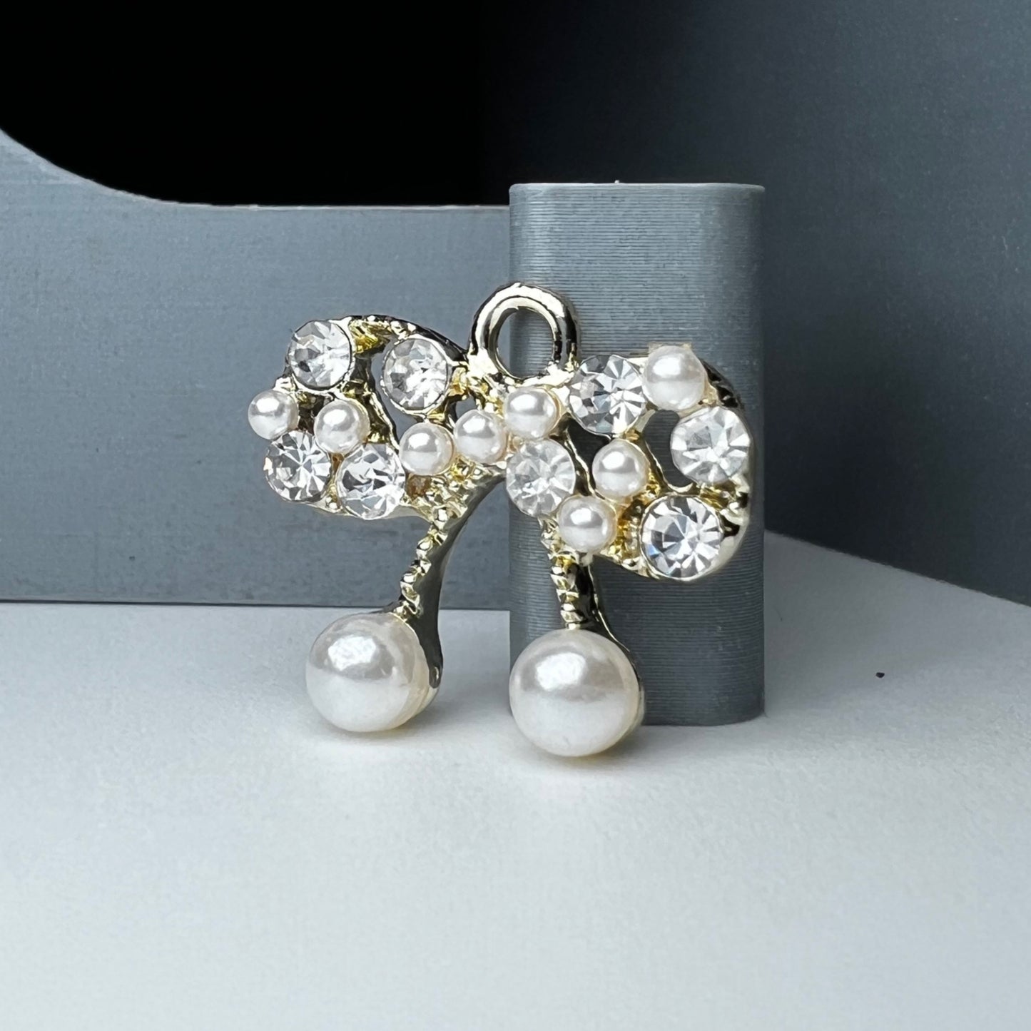 Lt. Gold Bow Charm Clear Rhinestones and Pearls Charm