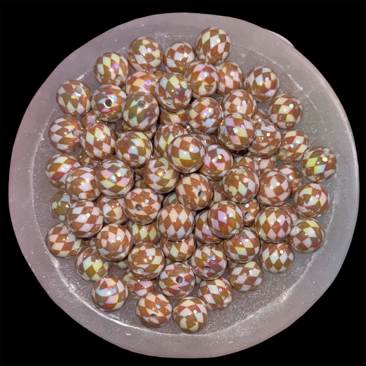 Caramel & White Diagonal Checkered 16mm Acrylic Bead