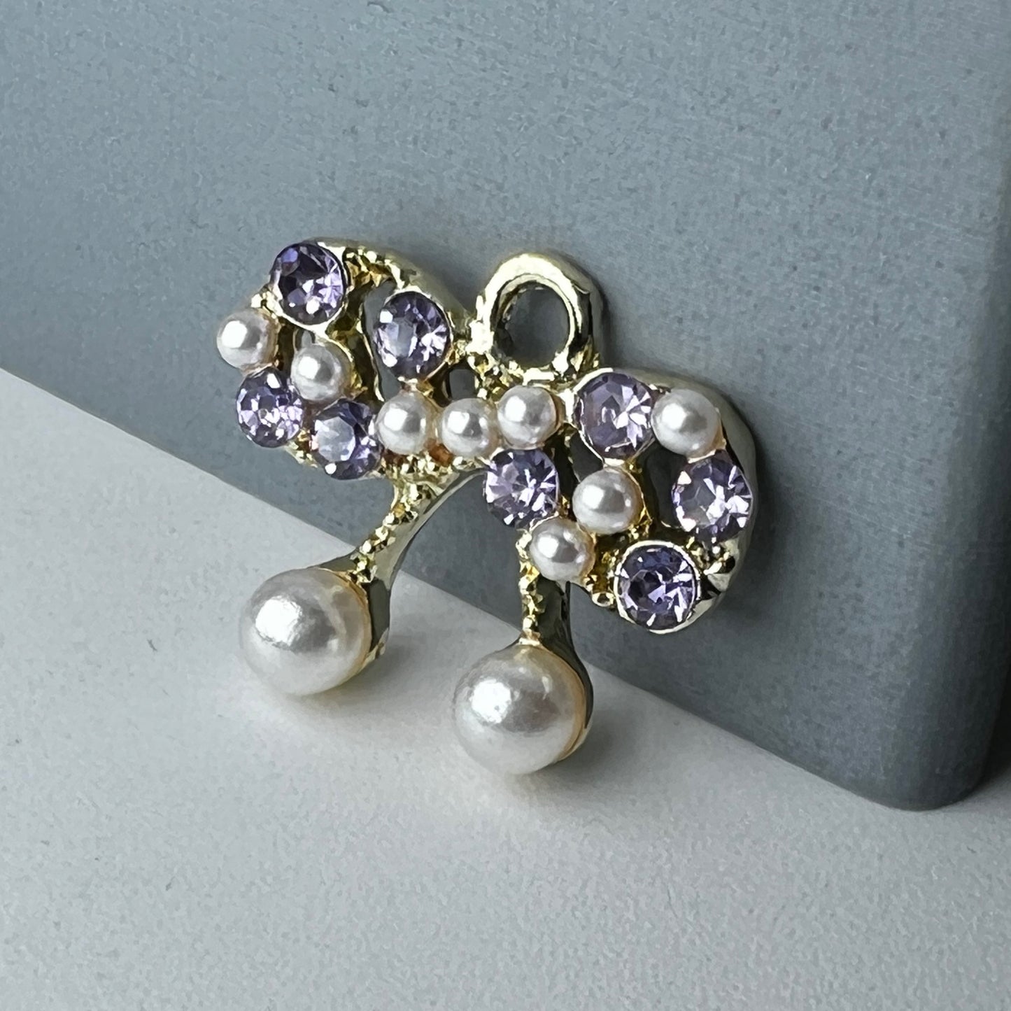 Silver Bow Charm Clear/ Purple Rhinestones and Pearls Charm