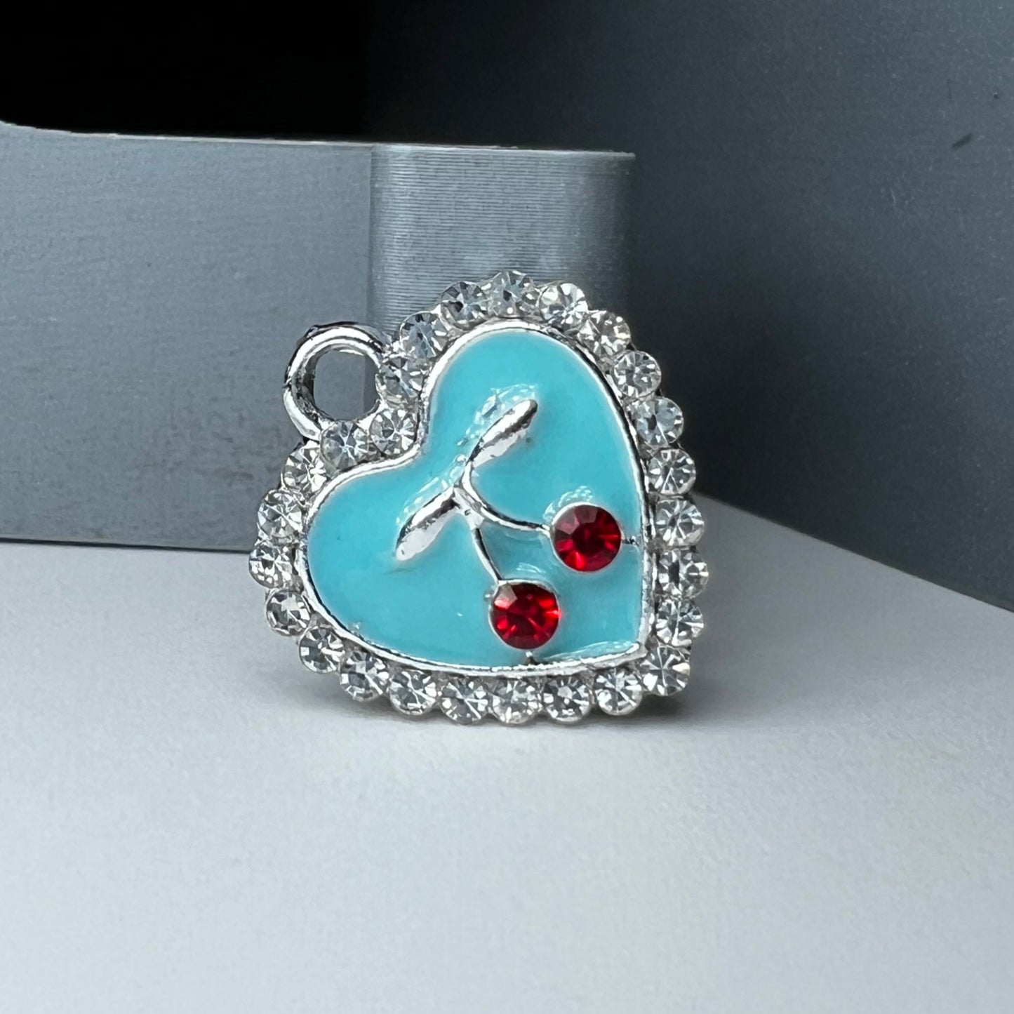 Silver Blue Heart with Clear Rhinestones and Red Cherry Rhinestones