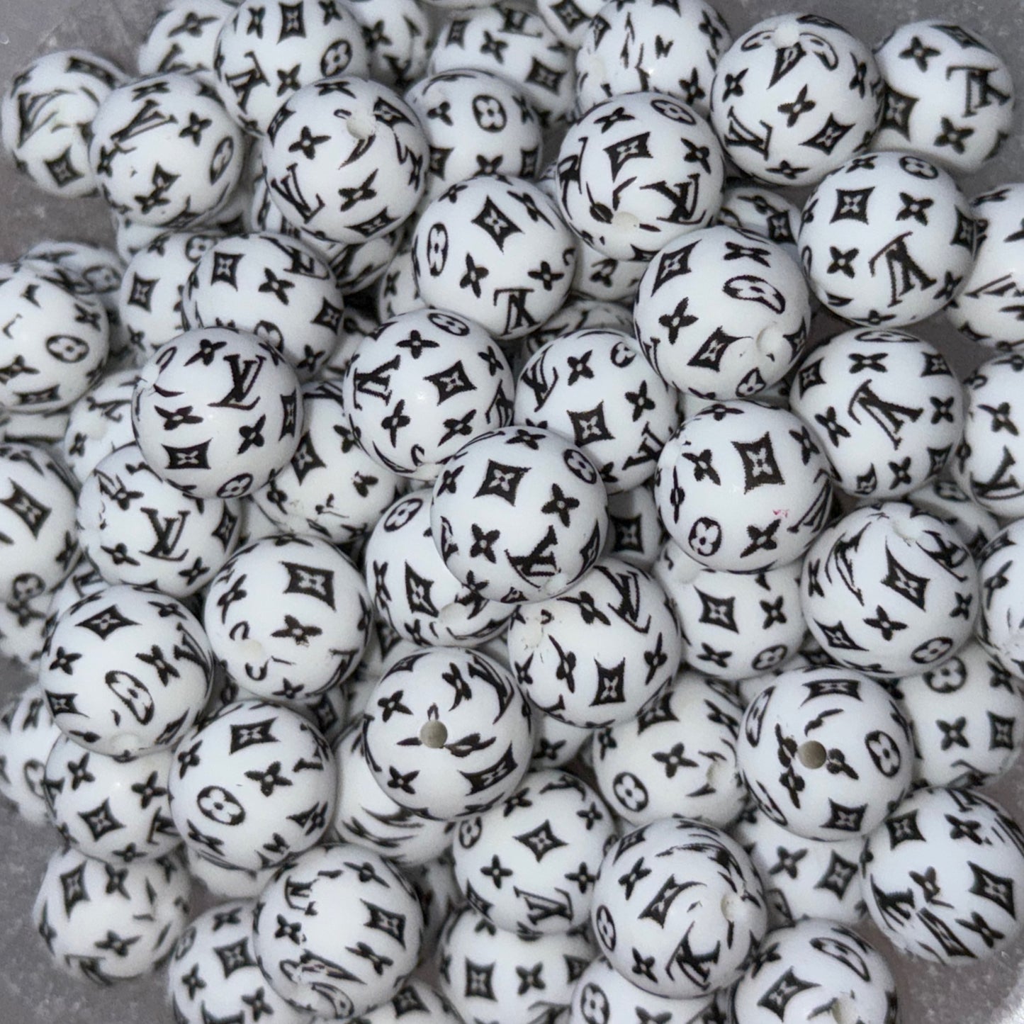 Inspired "LV" White Silicone 15mm Printed Beads