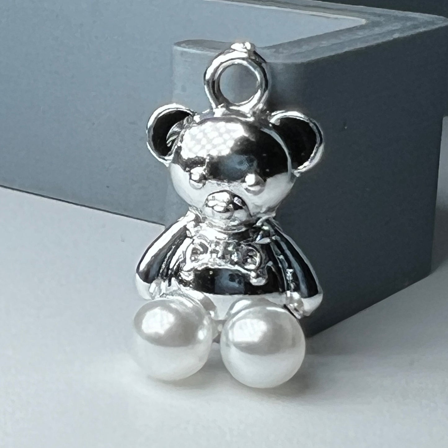 Silver Teddy Bear Charm with Pearls
