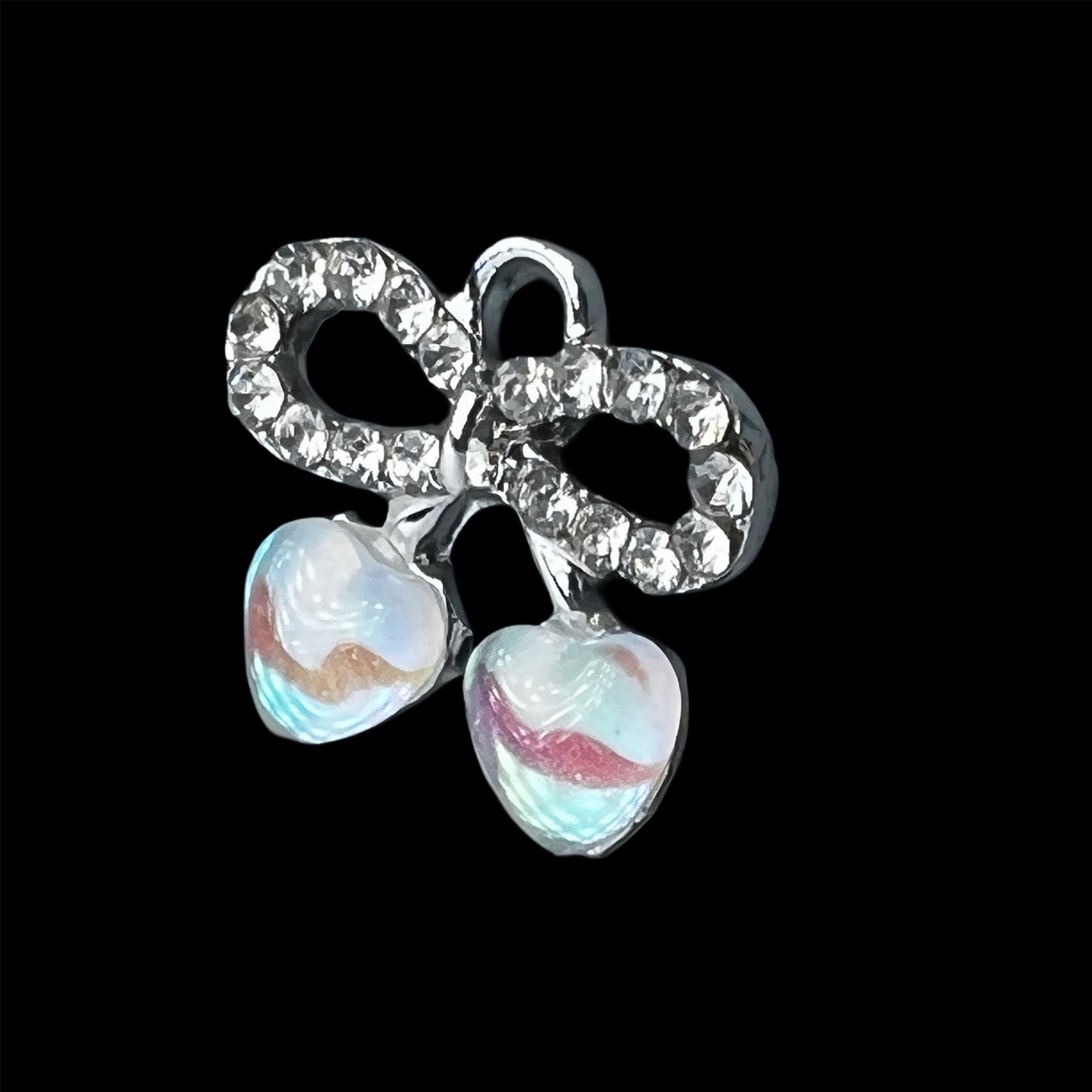 Gold Bow Charm; Peach Iridescent Hearts w/ Rhinestones