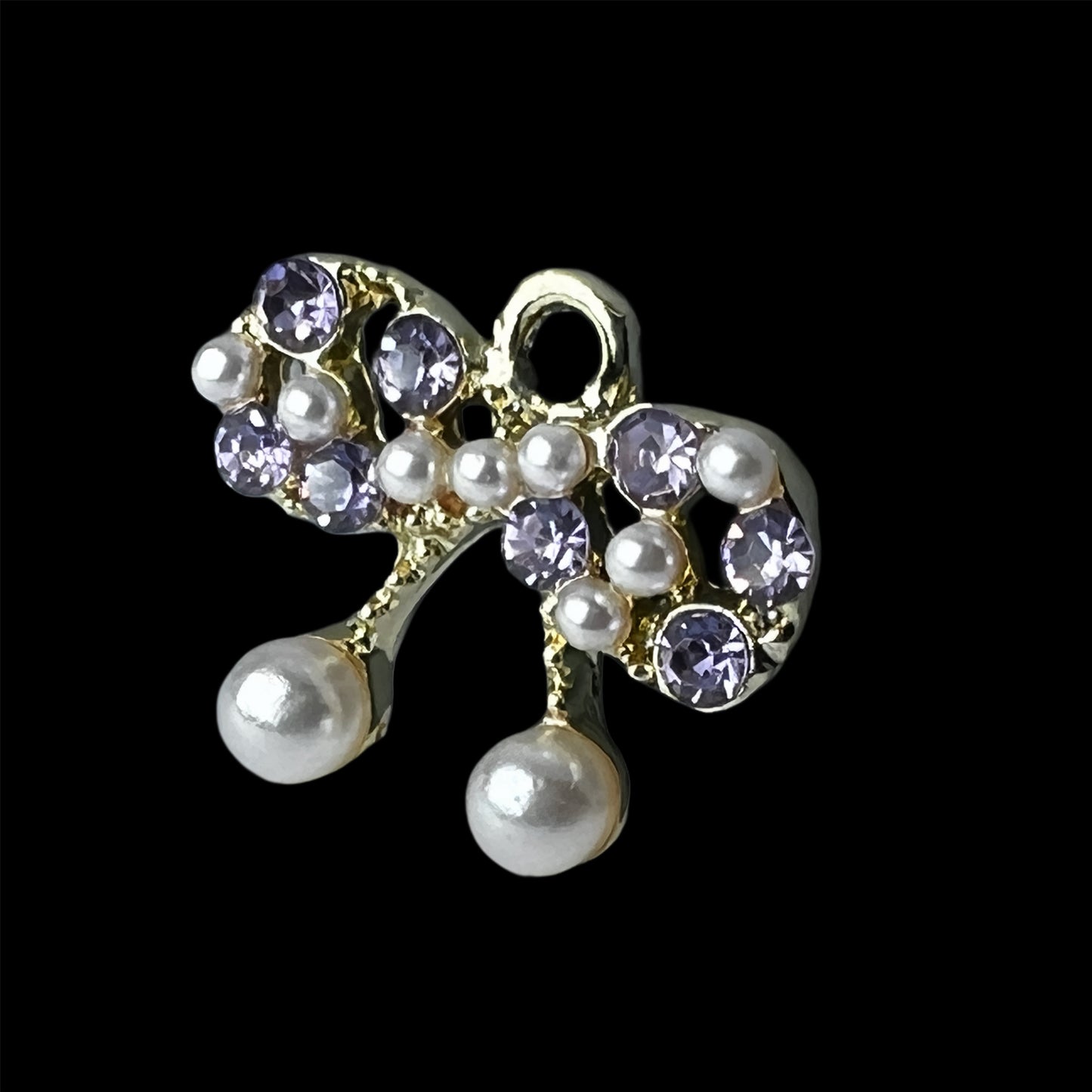 Silver Bow Charm Clear/ Purple Rhinestones and Pearls Charm