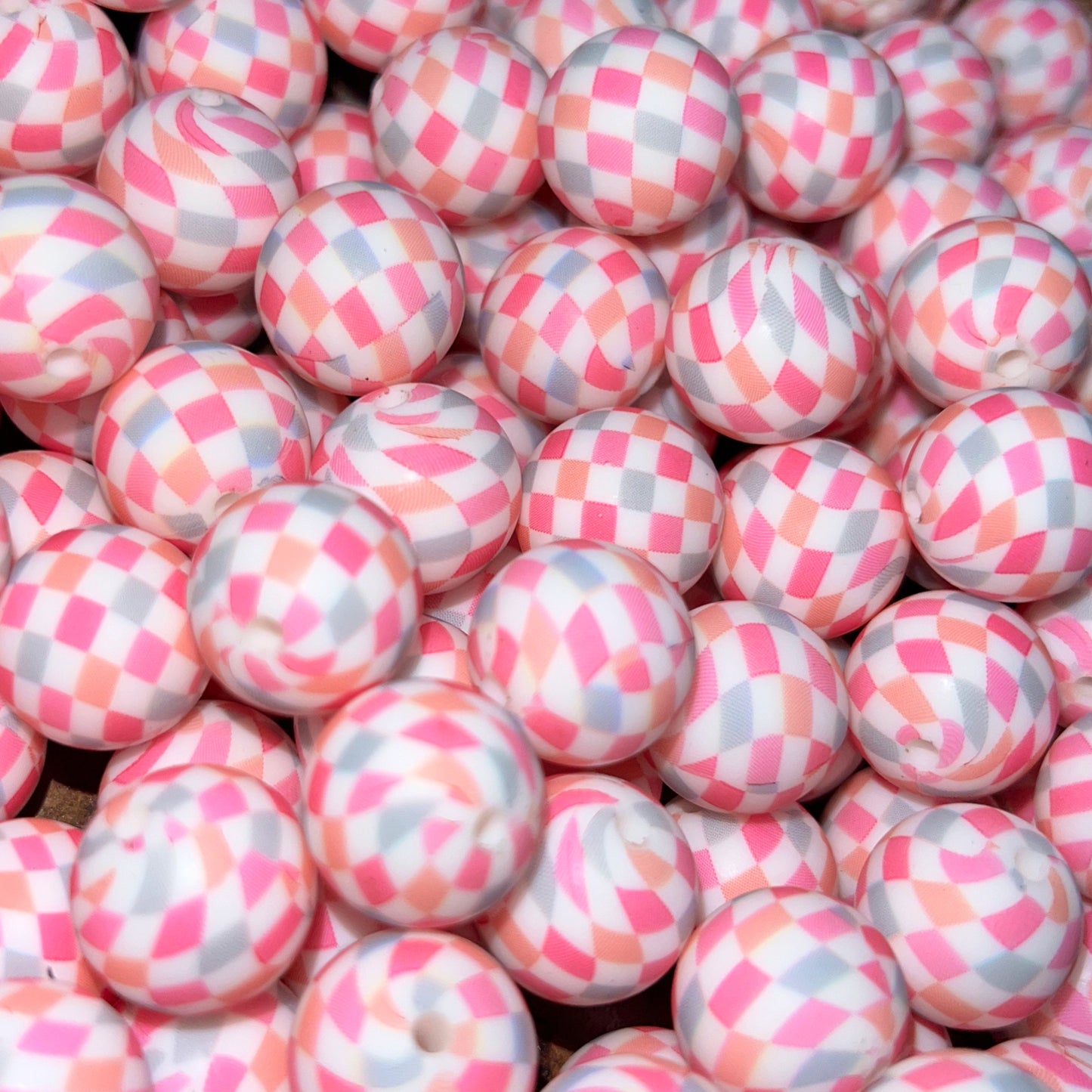 Pink Blossom Checkered Silicone 15mm Printed Bead