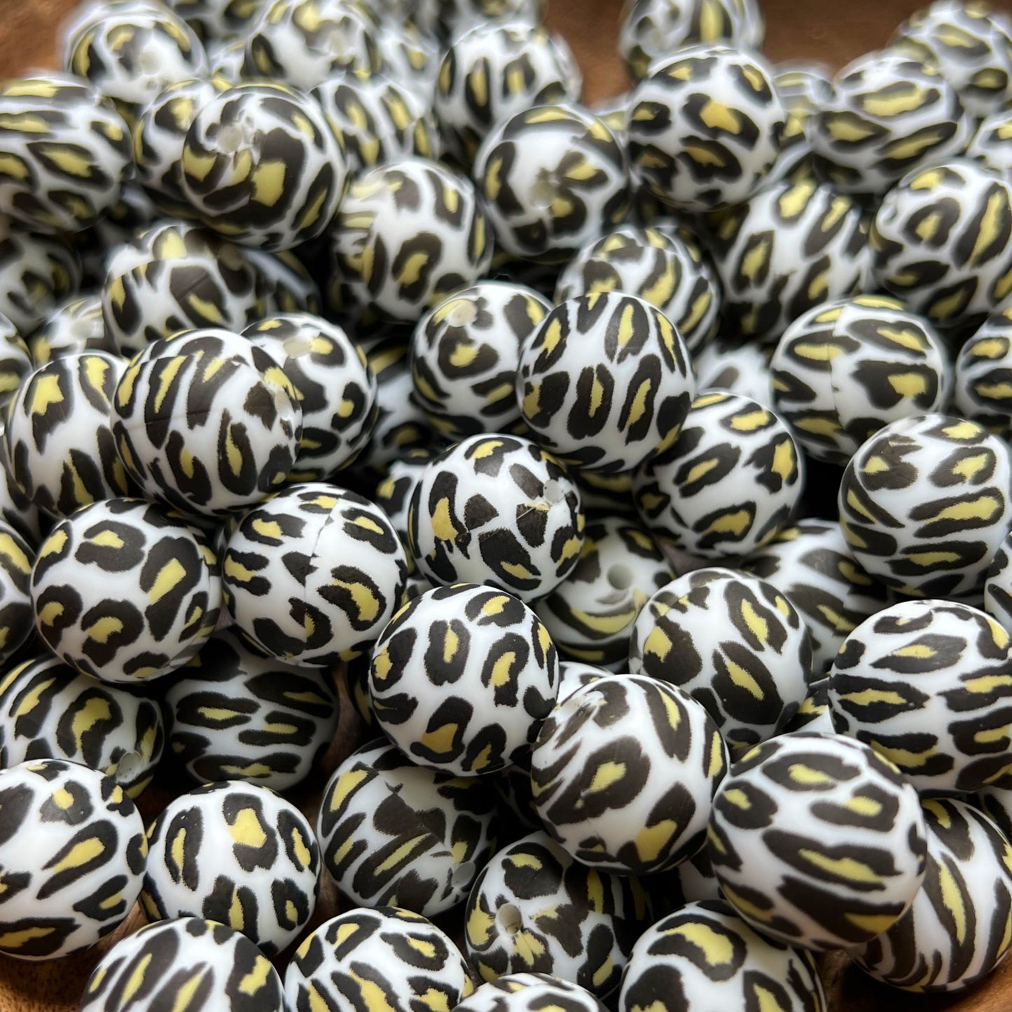 White Leopard Silicone 15mm Printed Bead