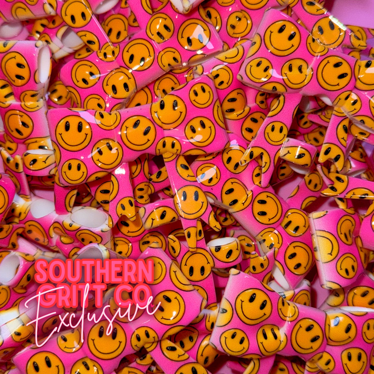 Pink Smiley Printed - Shiny 3D Bow Straw Topper or Focal