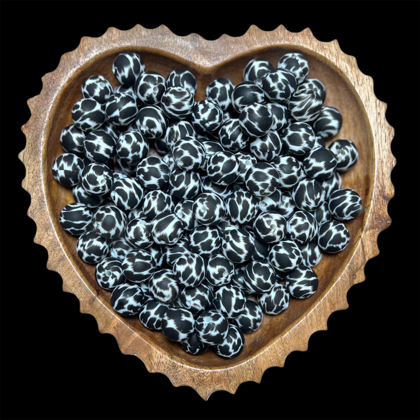 B/W Cow Print Silicone 15mm Printed Bead