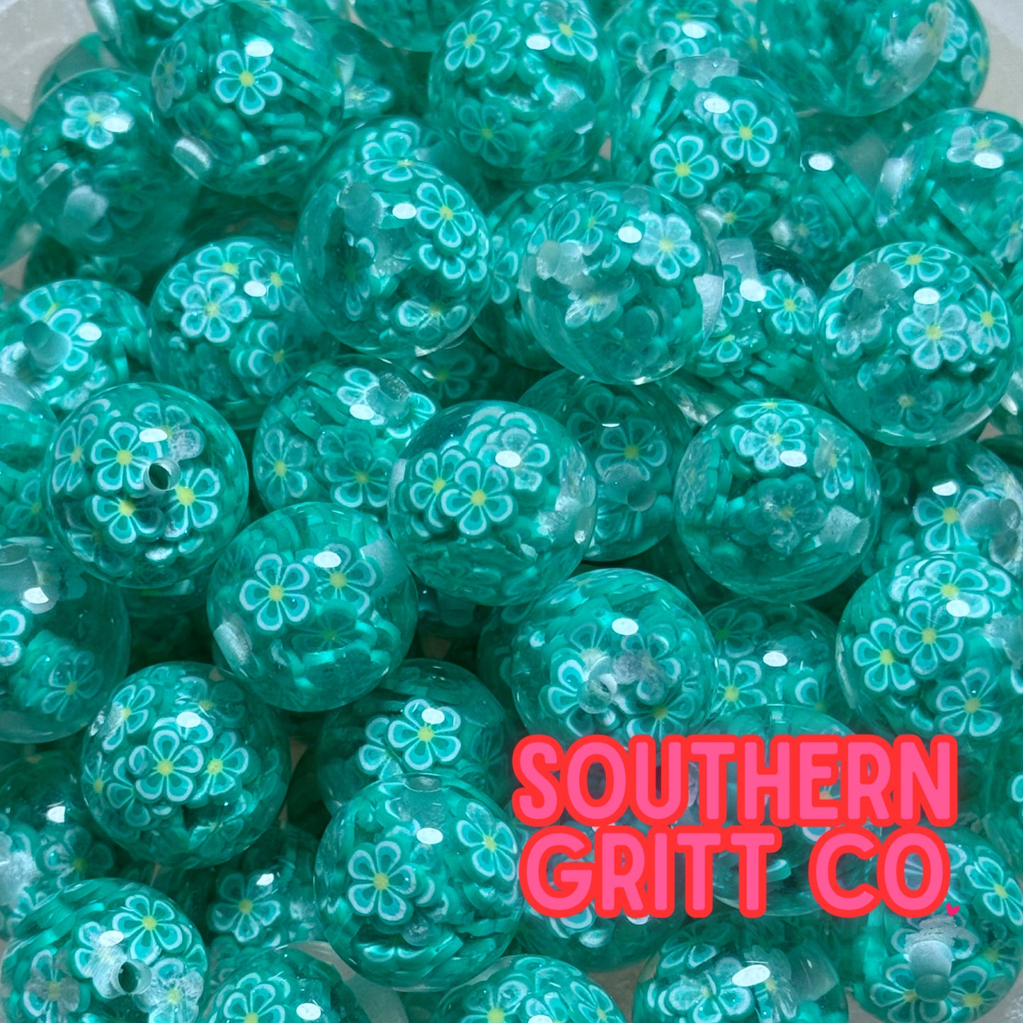 Teal Aloha Floral Confetti 16mm Resin Bead