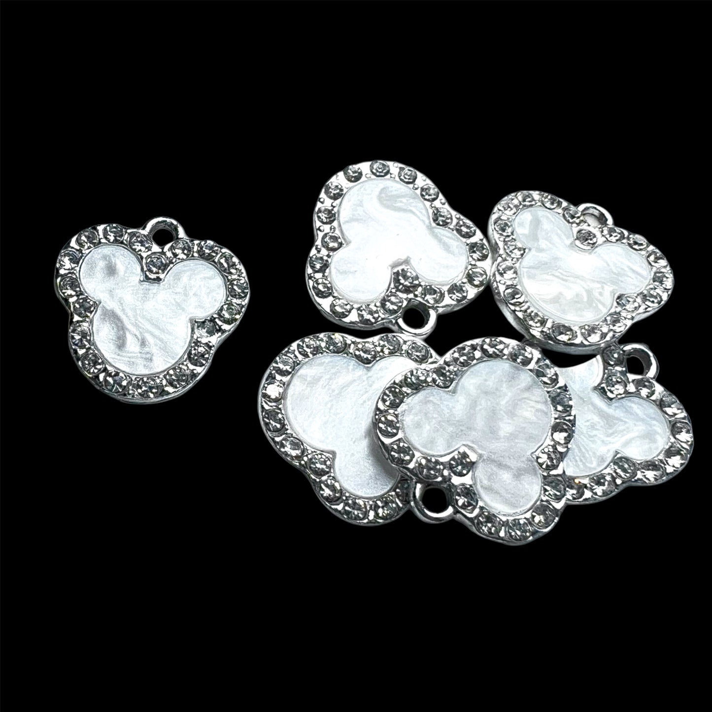 Silver Mouse Head White Marble Rhinestone Charm