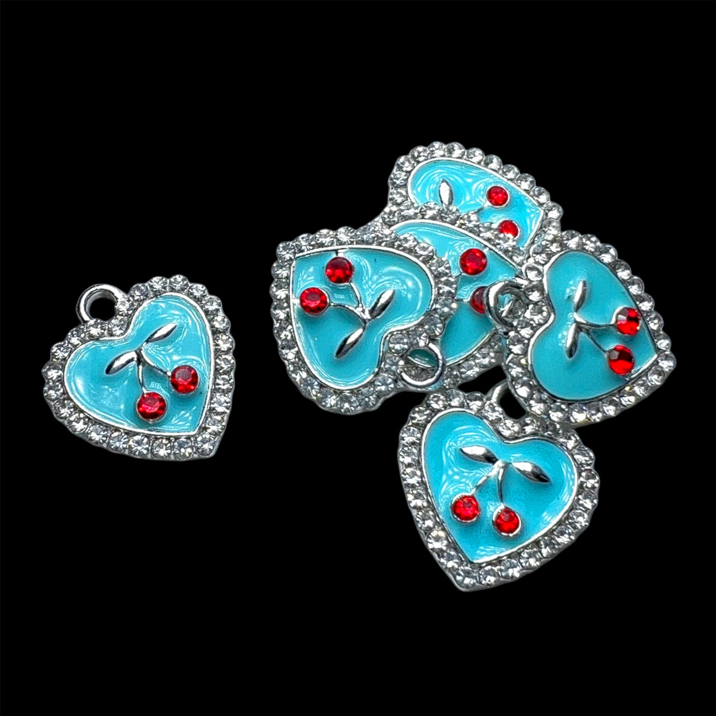 Silver Blue Heart with Clear Rhinestones and Red Cherry Rhinestones