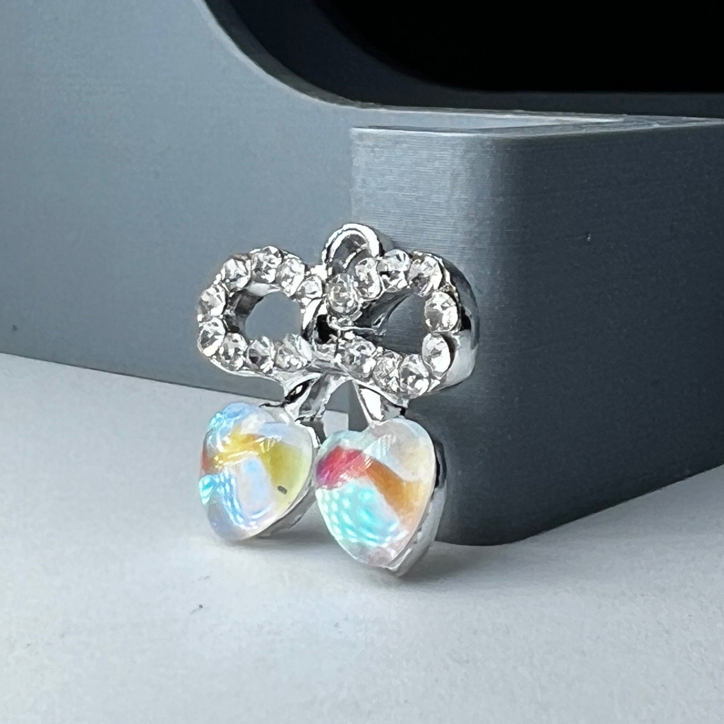 Gold Bow Charm; Peach Iridescent Hearts w/ Rhinestones
