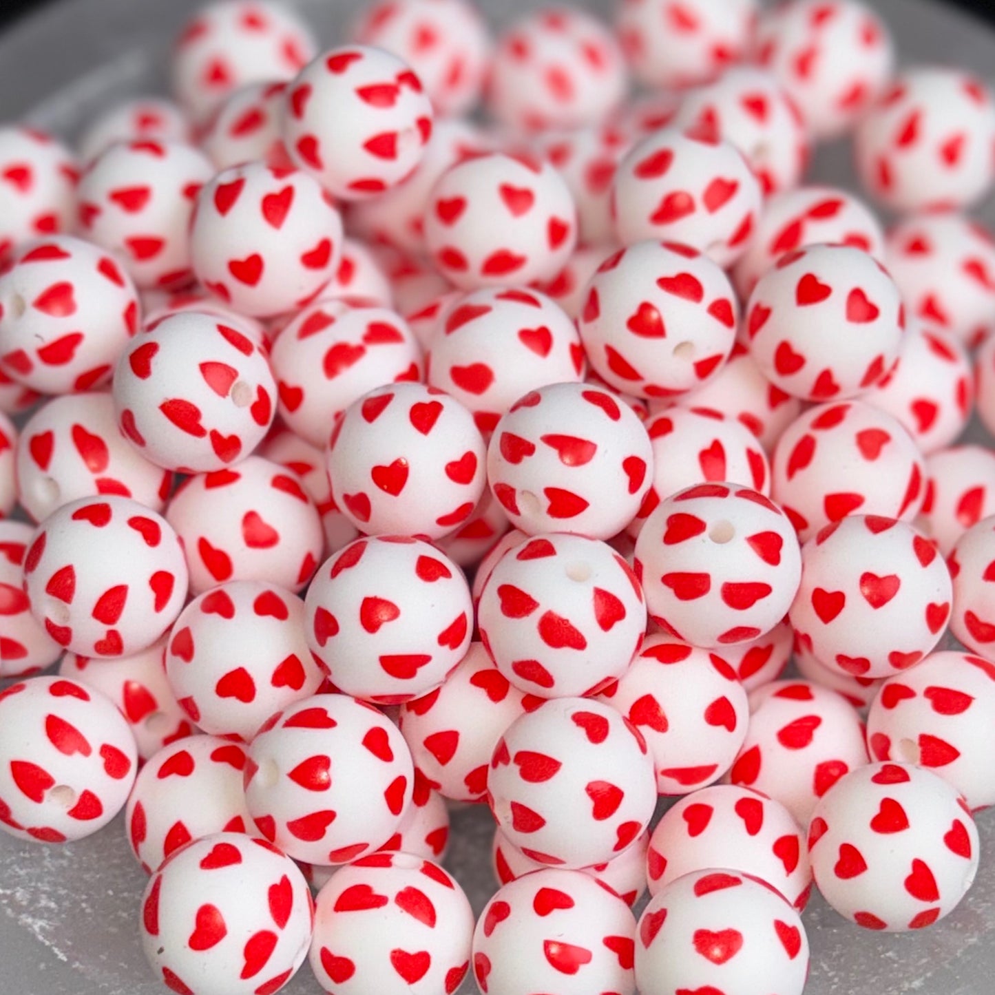 Red Hearts, White Silicone 15mm Printed Bead