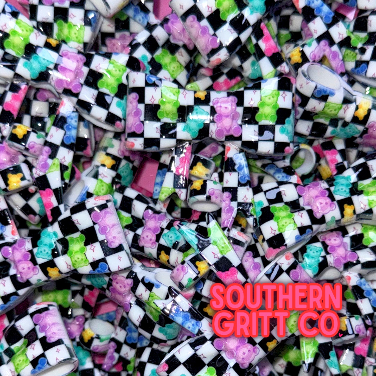 GUMMYBEAR Checkered Printed - Shiny 3D Bow Straw Topper or Focal