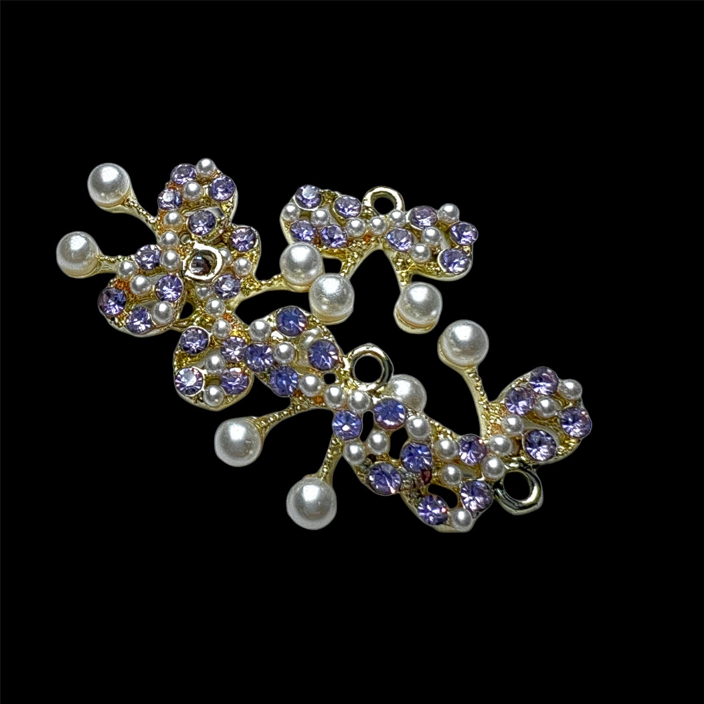 Silver Bow Charm Clear/ Purple Rhinestones and Pearls Charm