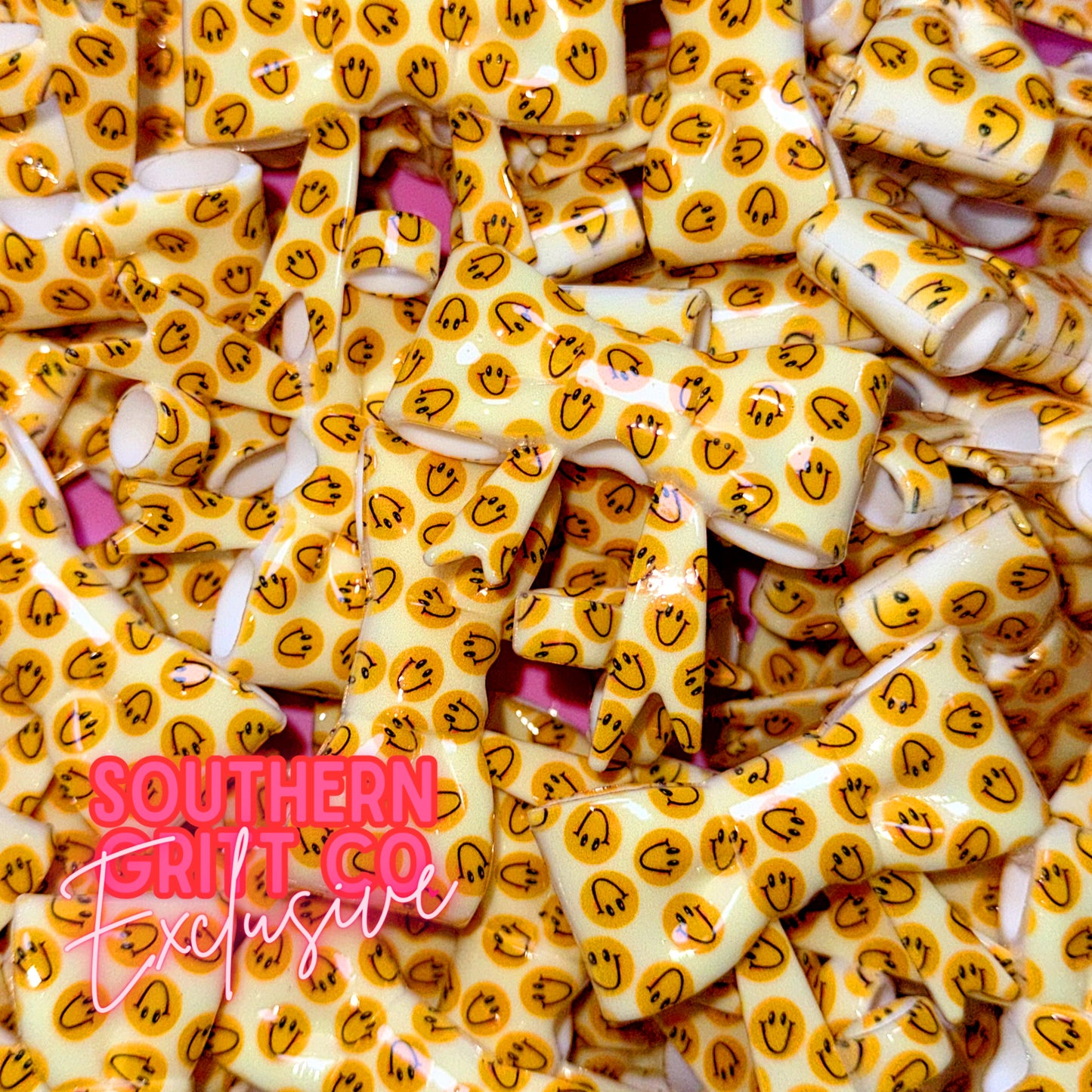 Yellow Smiley Printed - Shiny 3D Bow Straw Topper or Focal