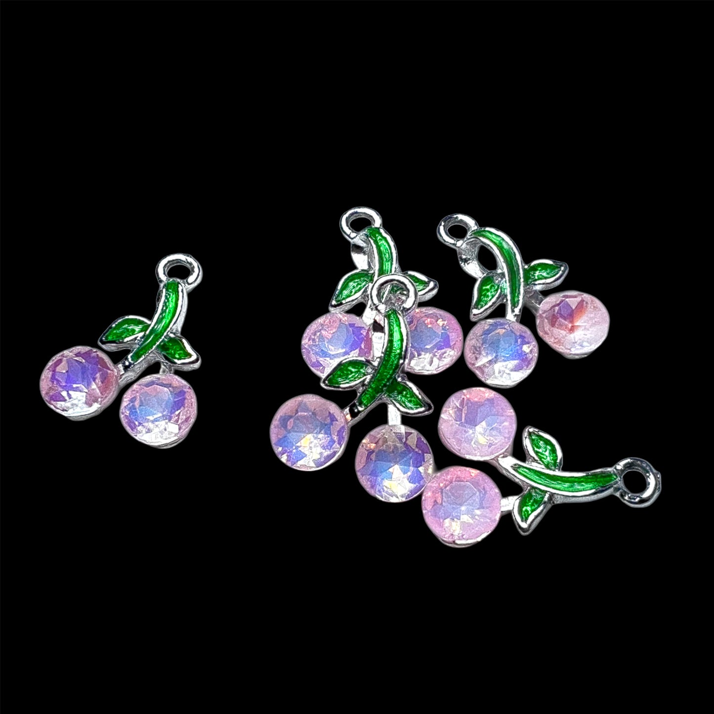 Silver Pink Rhinestone Cherry Charm