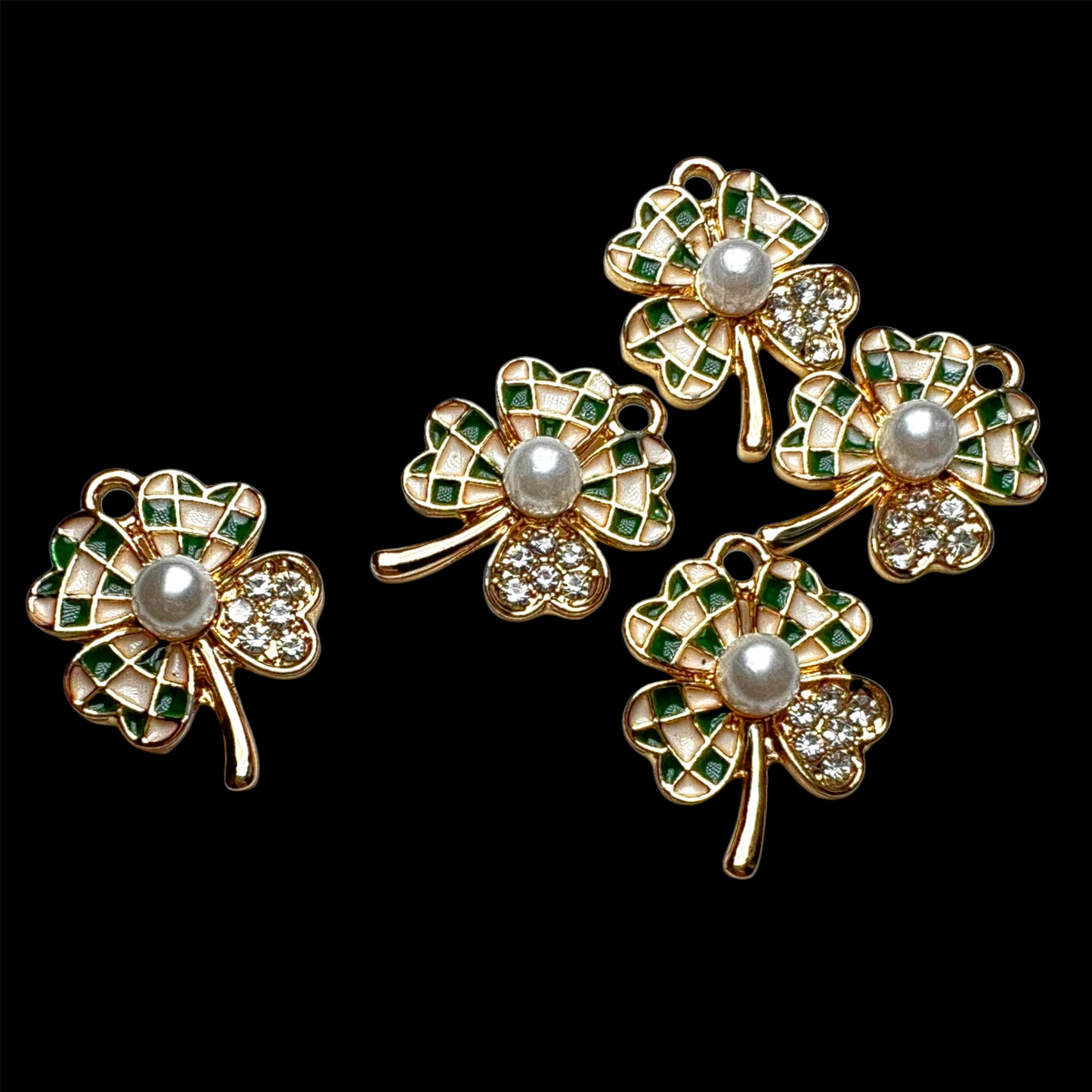 Gold Lucky Checkered Clover; Cream and Dark Green with Clear Rhinestones and Pearl