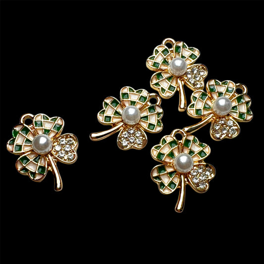 Gold Lucky Checkered Clover; Cream and Dark Green with Clear Rhinestones and Pearl