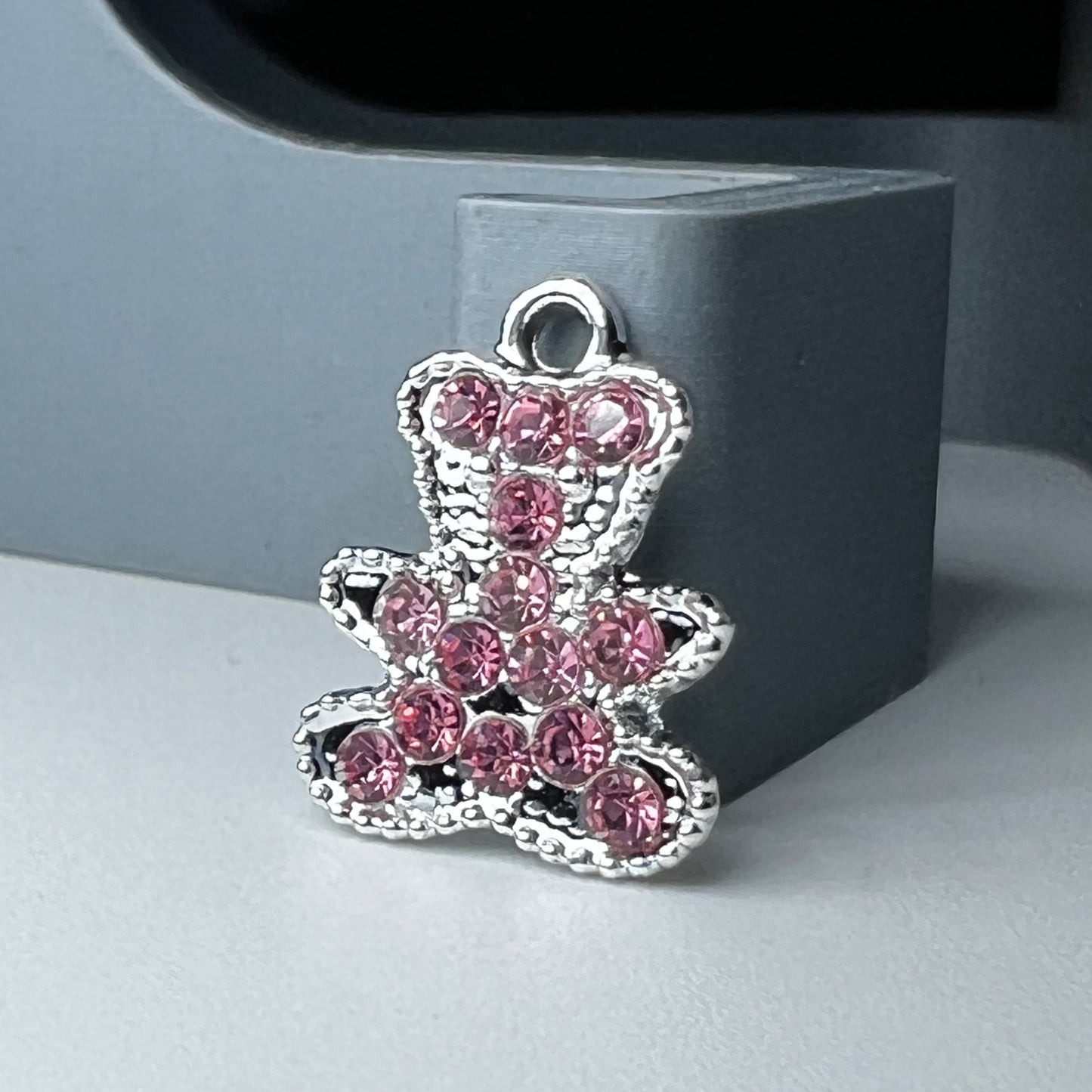 Silver Teddy Bear Pink Rhinestone Charm