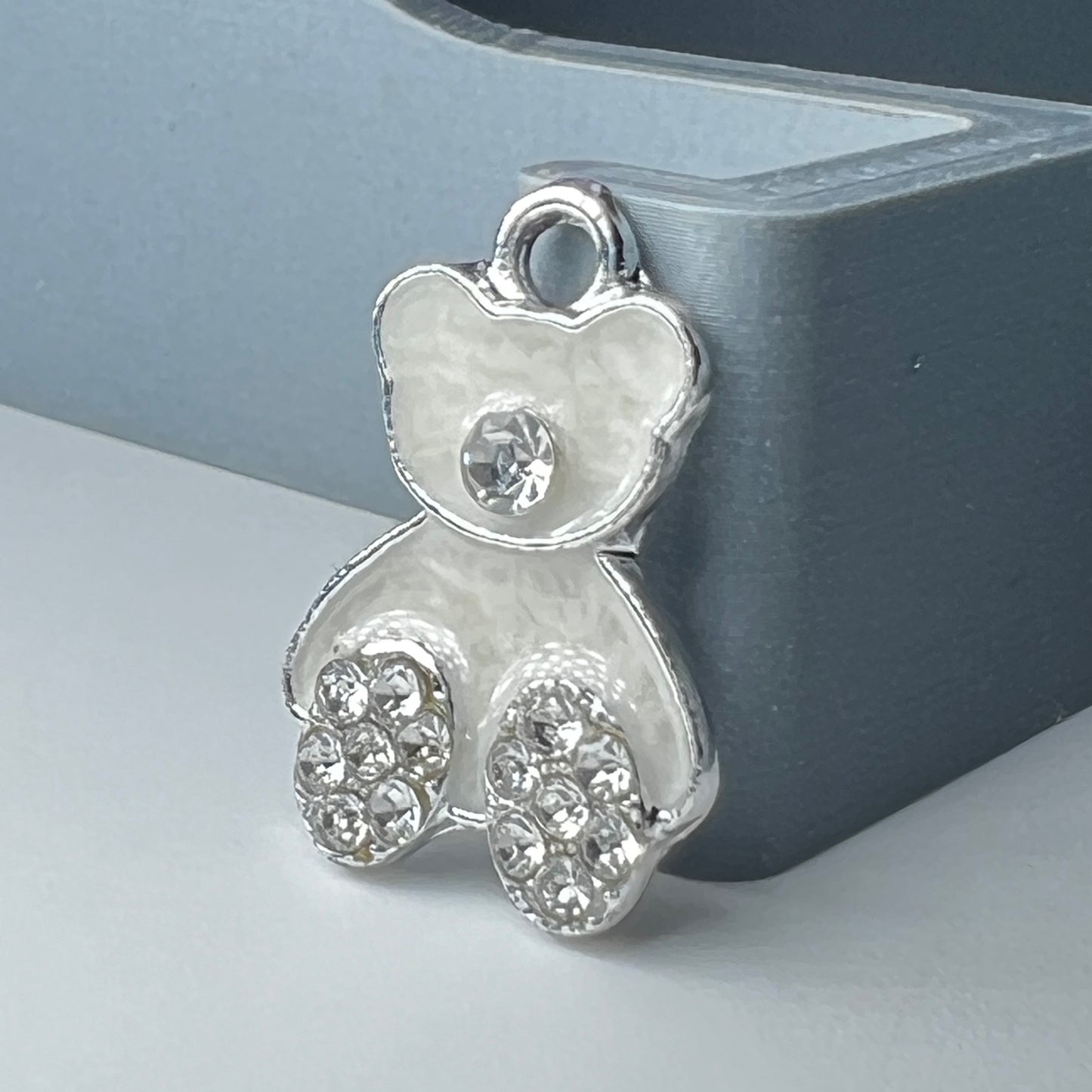 Silver Teddy Bear Cream Opal Rhinestone Charm