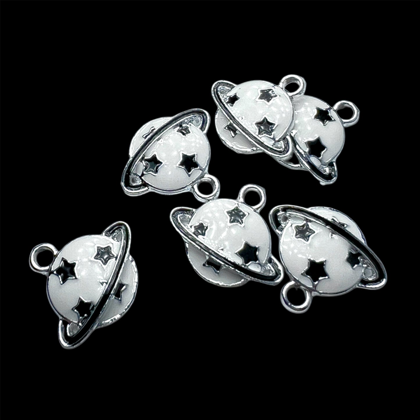 Silver; Black and White Saturn Charm