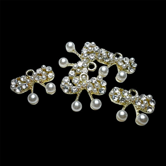 Lt. Gold Bow Charm Clear Rhinestones and Pearls Charm