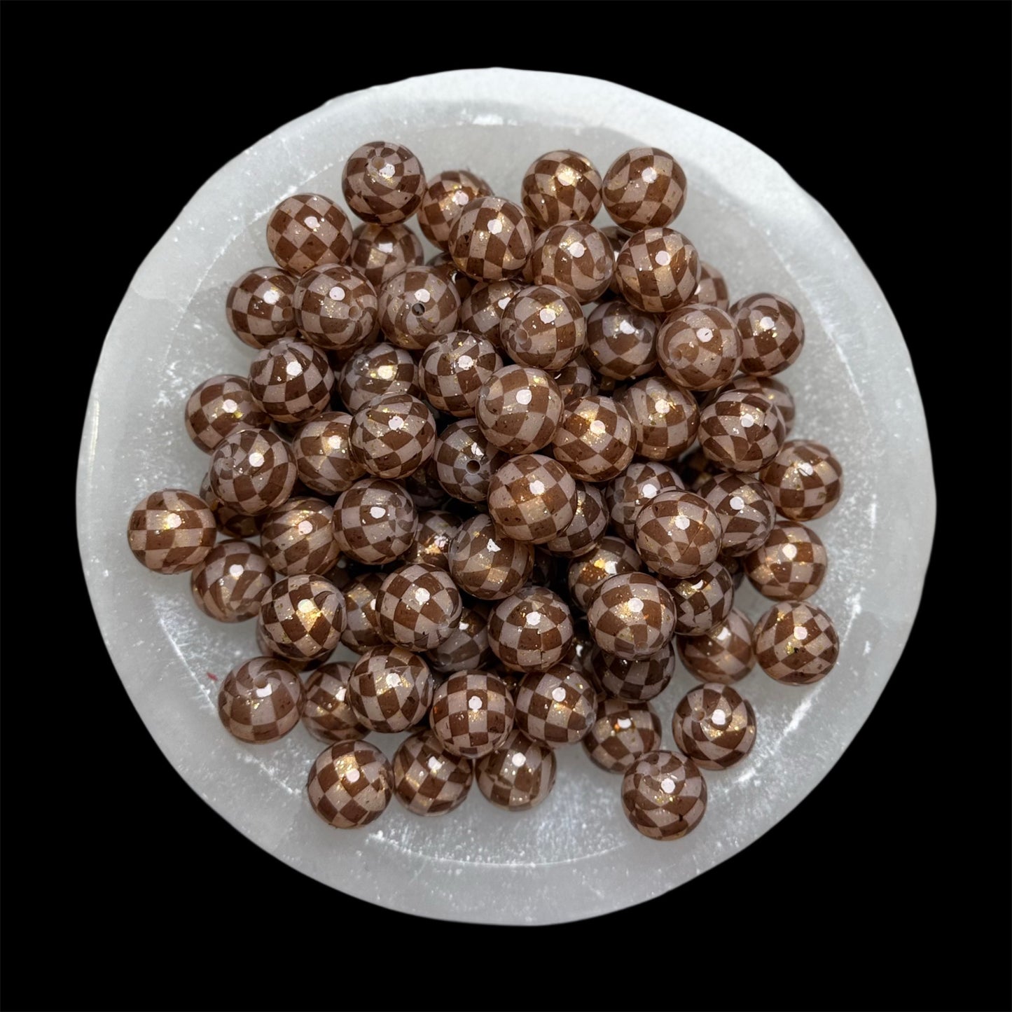 Gold Flake, Brown Checkered, Jelly Clear Liquid Silicone 15mm Printed Bead {SGC Exclusive}