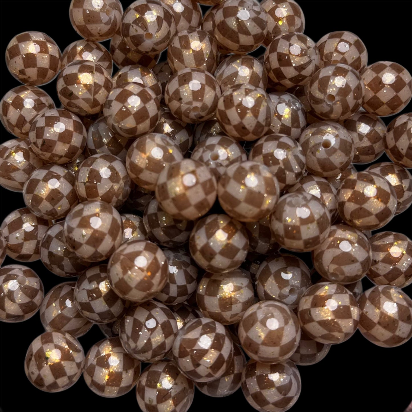Gold Flake, Brown Checkered, Jelly Clear Liquid Silicone 15mm Printed Bead {SGC Exclusive}