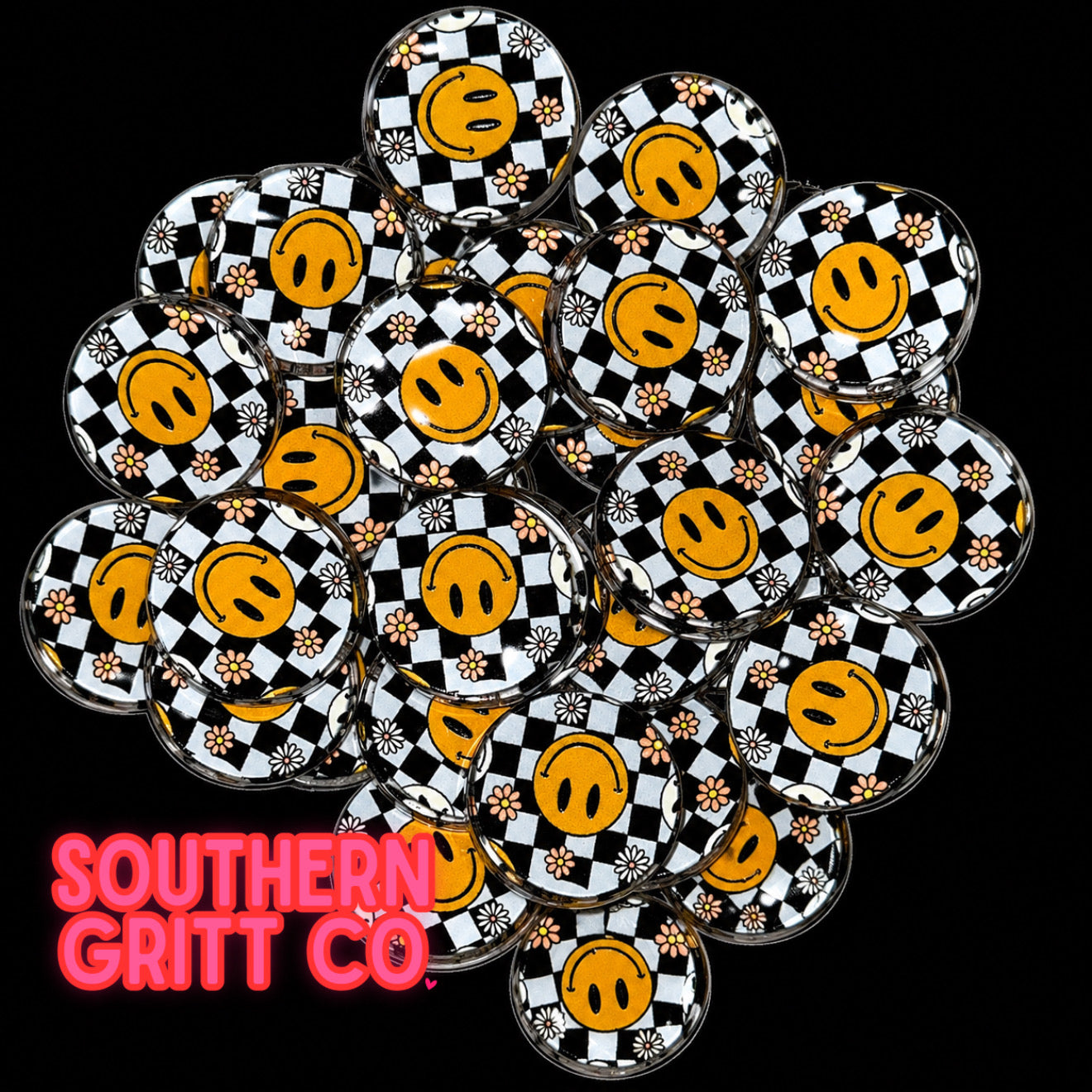 Checkered Smiley Acrylic Focal Bead 1”
