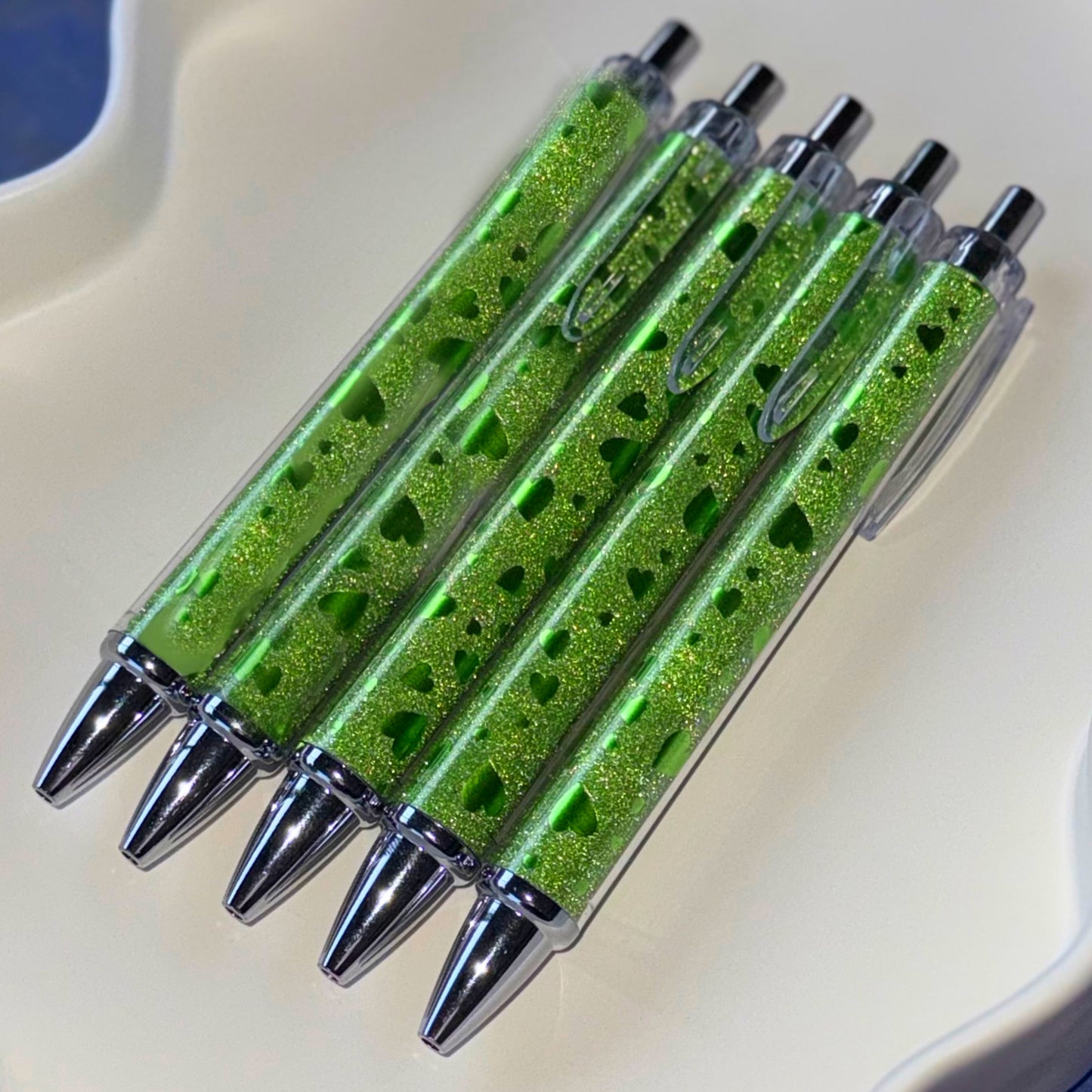 Green Heart Metallic Click Pens