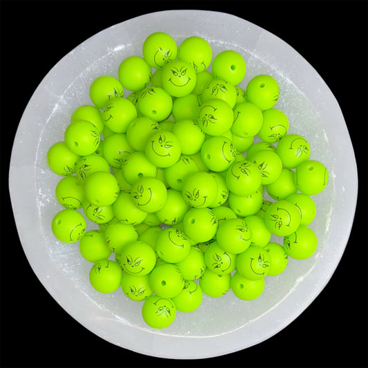 Grinch Face Silicone 15mm Printed Bead