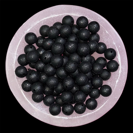 Glitter Black Matte Silicone 15mm Bead