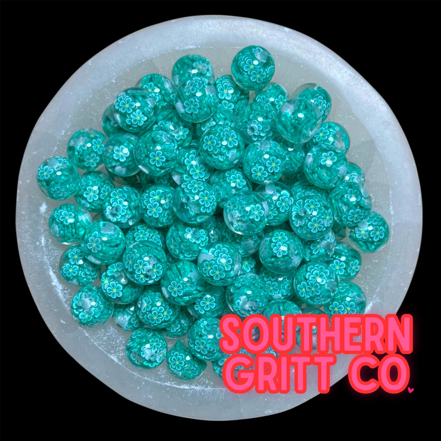 Teal Aloha Floral Confetti 16mm Resin Bead