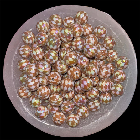 Caramel & White Diagonal Checkered 16mm Acrylic Bead