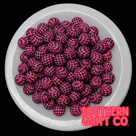 Mini Pink Checkered Silicone 15mm Printed Bead