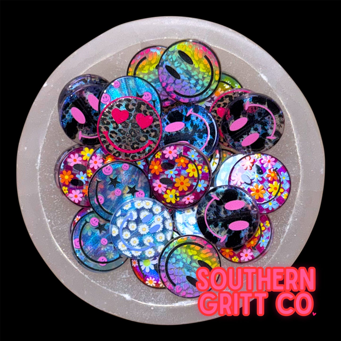 Smiley Flat Mix Acrylic Focal Beads 1.5” (5ct)