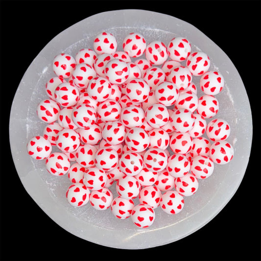 Red Hearts, White Silicone 15mm Printed Bead