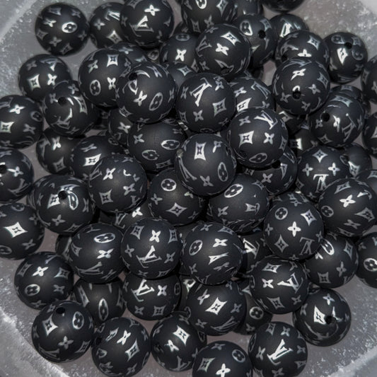 Inspired "LV" Black Silicone 15mm Printed Beads