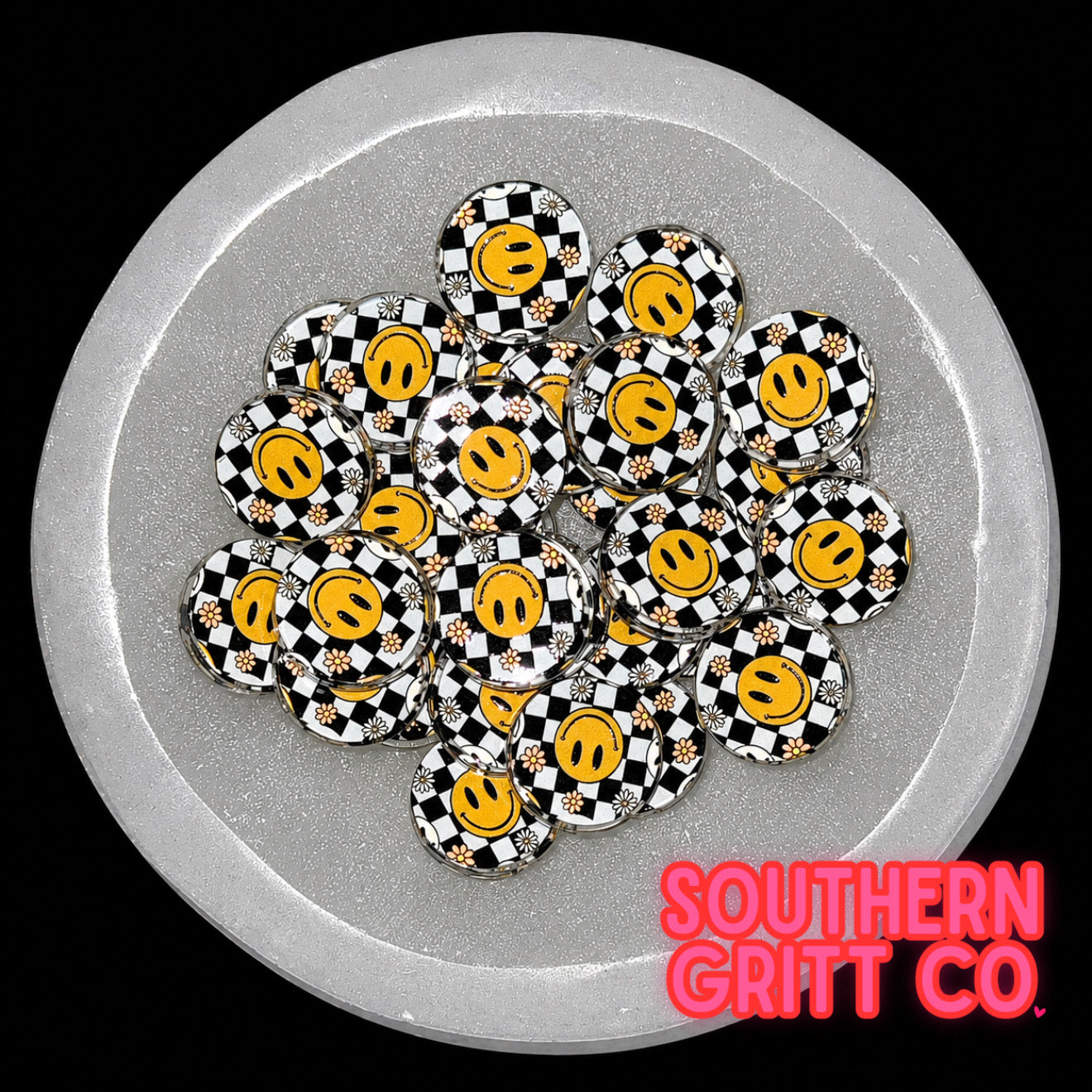 Checkered Smiley Acrylic Focal Bead 1”
